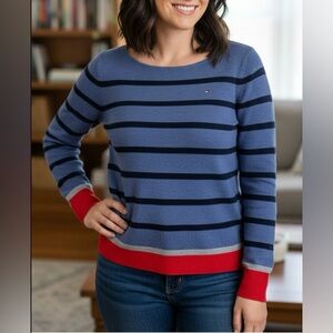 Tommy Hilfiger Boatneck Pullover Sweater (Large) Blue, Red and Gray